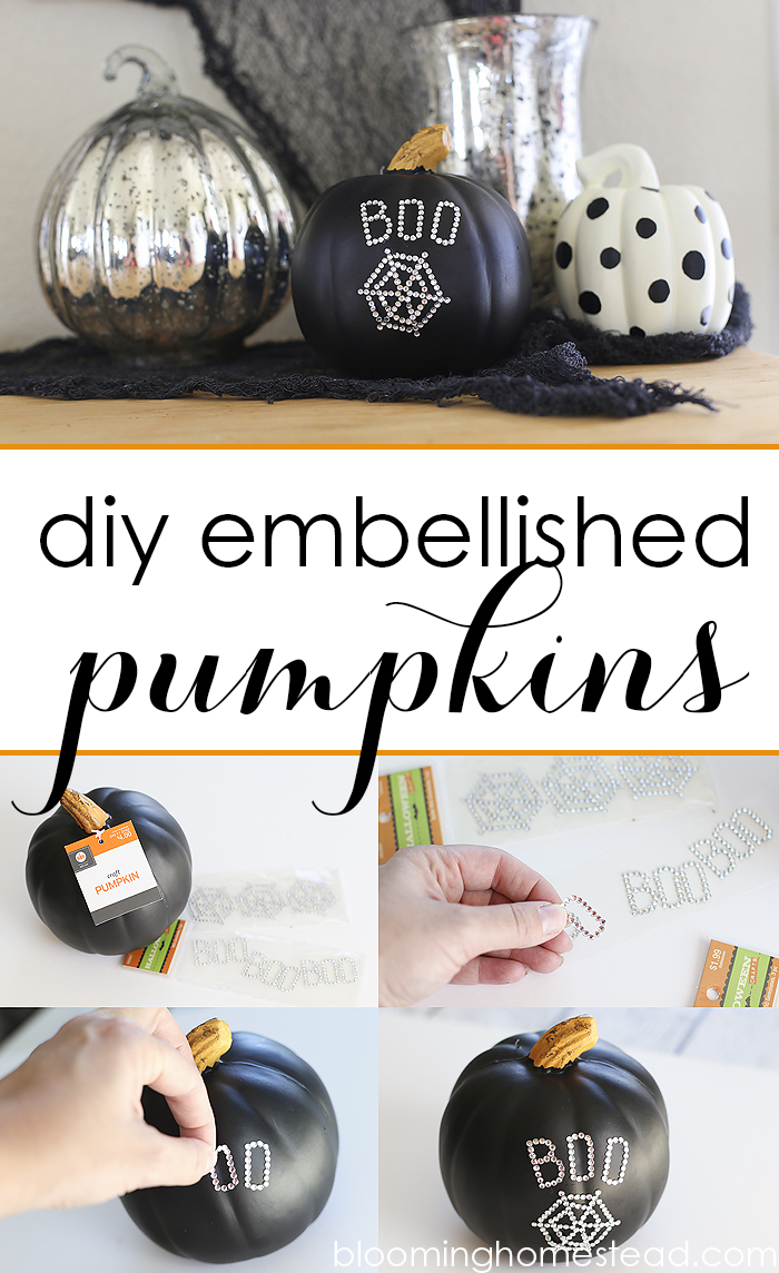 These DIY Embellished Pumpkins are so easy and add such a touch of Spook to your halloween decor! #Halloween #decor #pumpkin