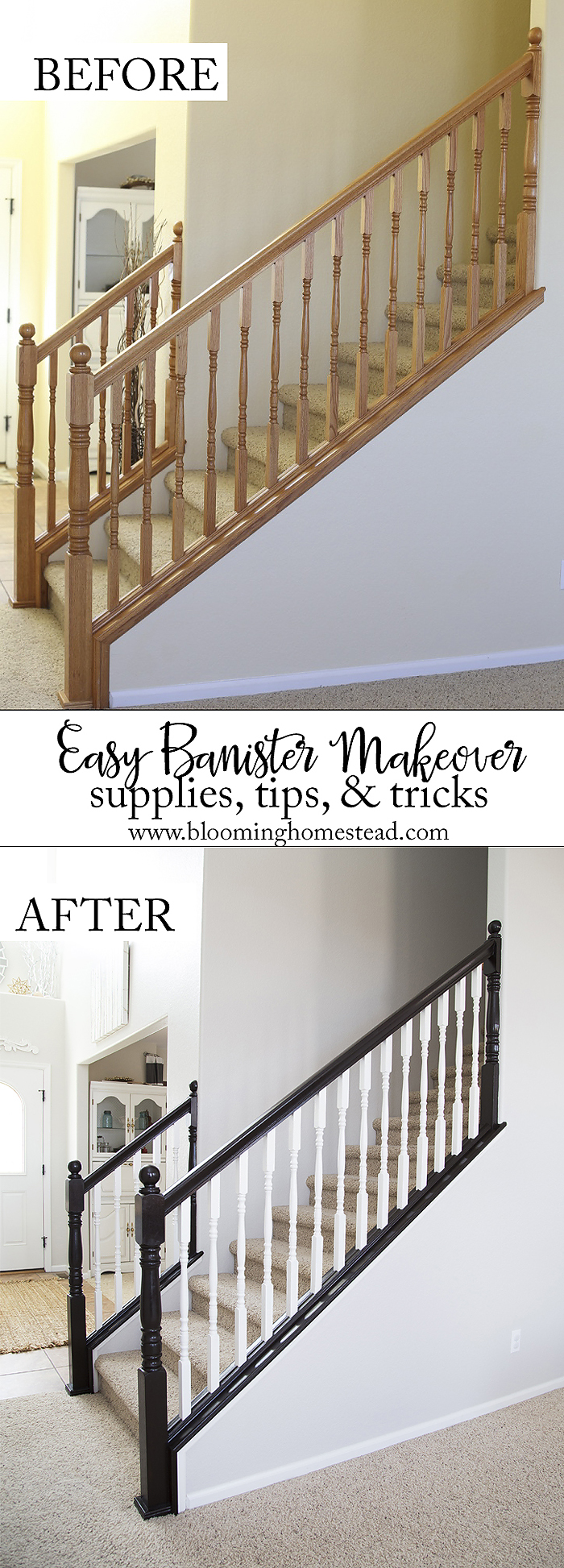 stair makeover railing diy staircase bloominghomestead easy stairs banister wood indoor railings