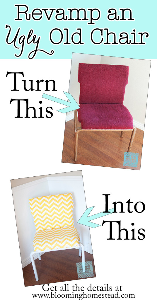 Have an ugly old chair laying around? Revamp it with fabric and paint. Check out the full tutorial of this fun furniture makeover.