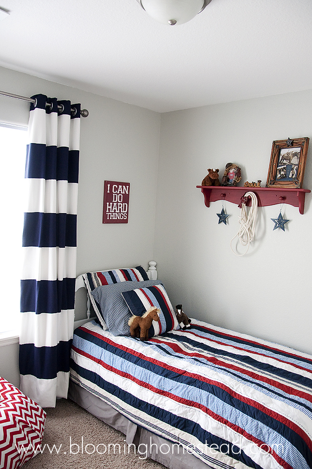Adorable boy bedroom makeover with classic bright colors.
