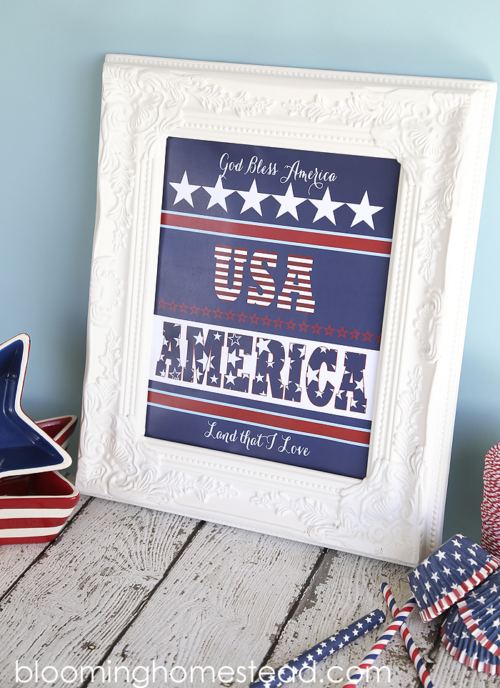 Beautiful Patriotic free Printable. Just download, print and frame and you have an adorable custom art print for 4th of July!