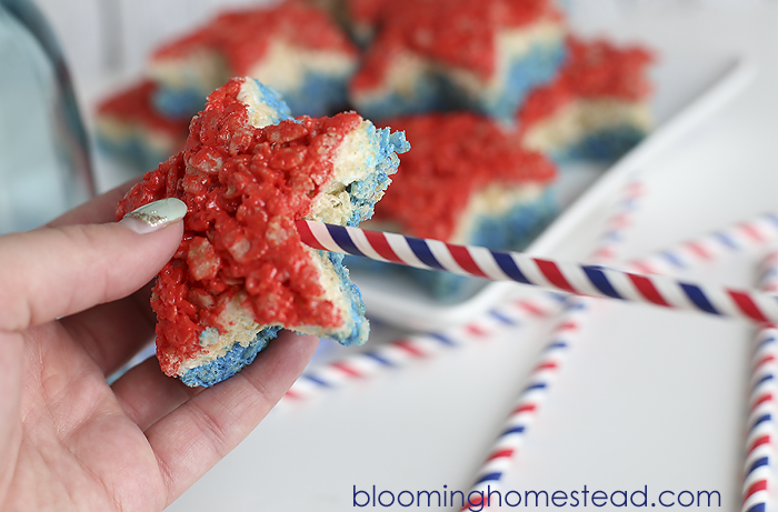 Love this fun twist on a old classic. The Patriotic Rice Krispie treats are so cute!