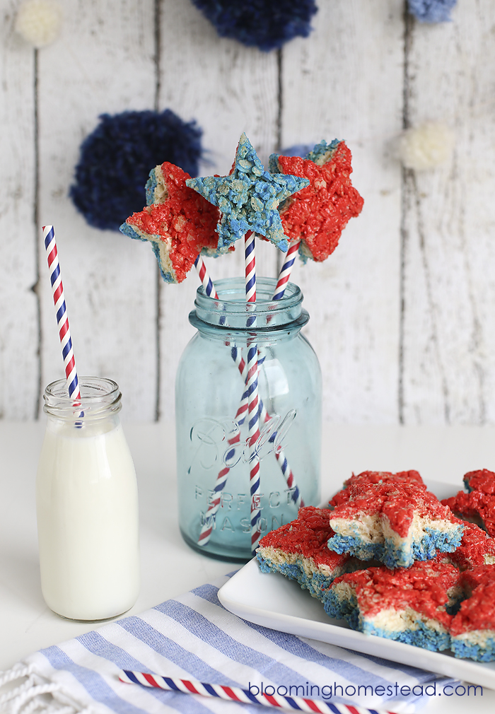 Love this fun twist on a old classic. The Patriotic Rice Krispie treats are so cute!