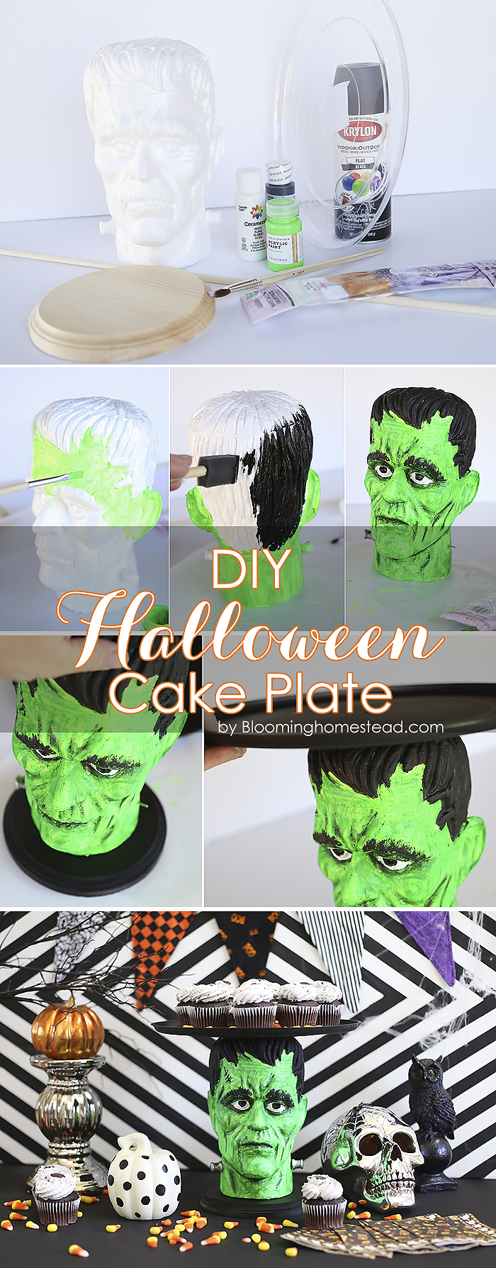 This fun Halloween Cake Plate or platter was made using foam heads available at the craft store! Super easy and fun way to serve goodies at a Halloween party or event.