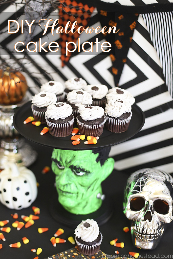 This fun Halloween Cake Plate or platter was made using foam heads available at the craft store! Super easy and fun way to serve goodies at a Halloween party or event.