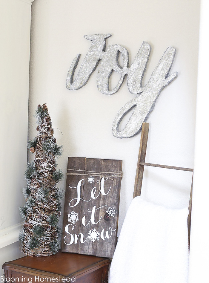 Easy to make diy glitter JOY sign using foam! Check out the full tutorial at Blooming homestead