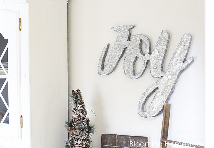 Easy to make diy glitter JOY sign using foam! Check out the full tutorial at Blooming homestead