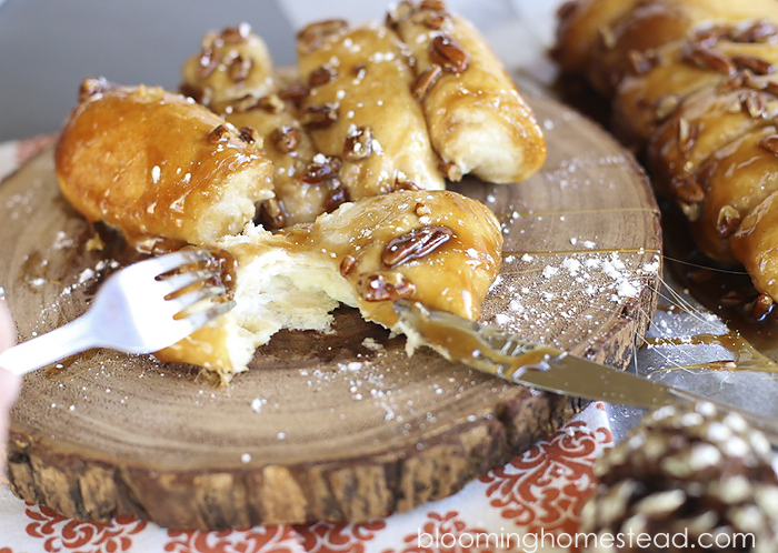 Pecan Caramel Rolls that make a perfect breakfast pastry or yummy dessert. Delicious sweet rolls that can be made in under 30 minutes using pillsbury biscuits.