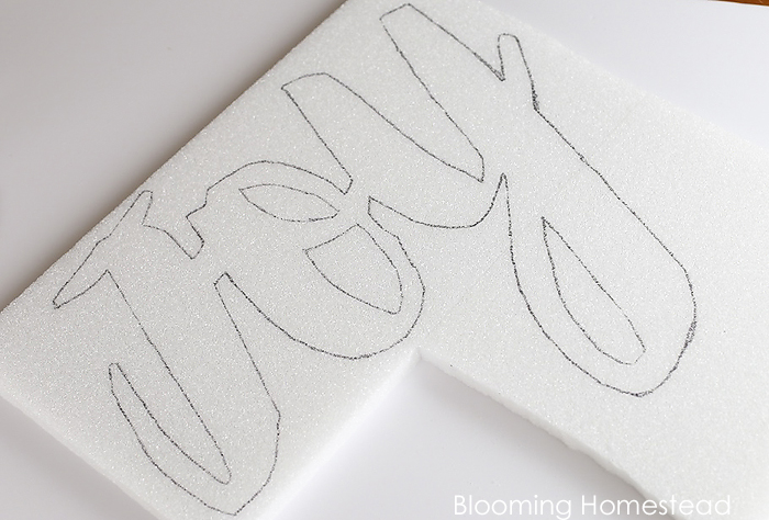 Easy to make diy glitter JOY sign using foam! Check out the full tutorial at Blooming homestead