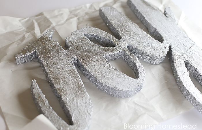 Easy to make diy glitter JOY sign using foam! Check out the full tutorial at Blooming homestead