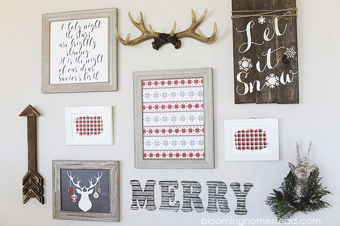 Creating a gallery wall is so simple and I loved using these fun printable holiday art prints I ordered from shutterfly. Get the free printables at www.bloominghomestead.com