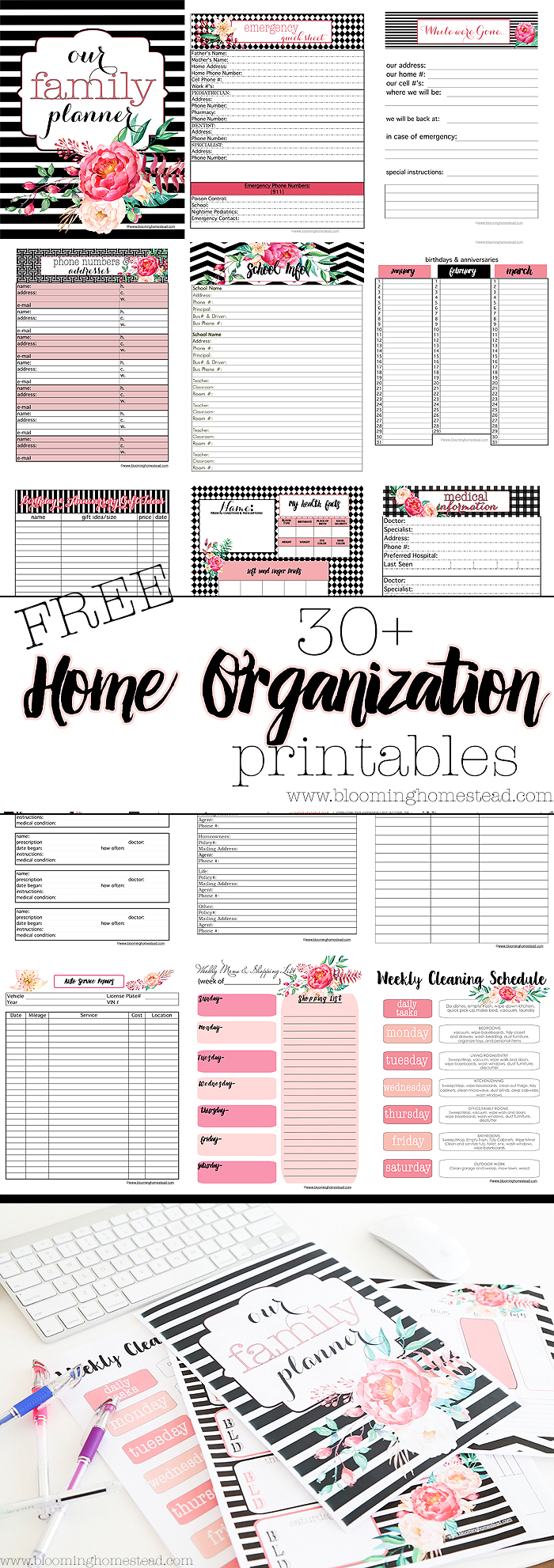 Beautiful floral home organizational printables you can download for free! 30+ printables to keep your home and life organized. Plus they are so pretty!