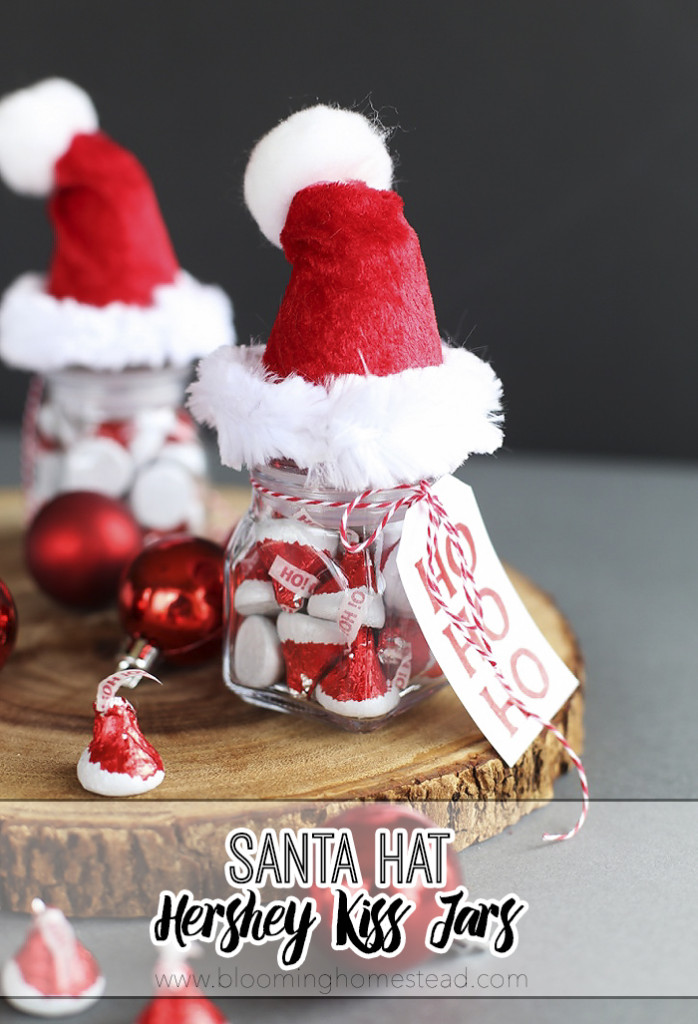 These Santa Hat Jars are so adorable, be sure to fill them with Hershey's Kisses Santa Hat Chocolates you can find at target. Such a fun gift idea or party favor.