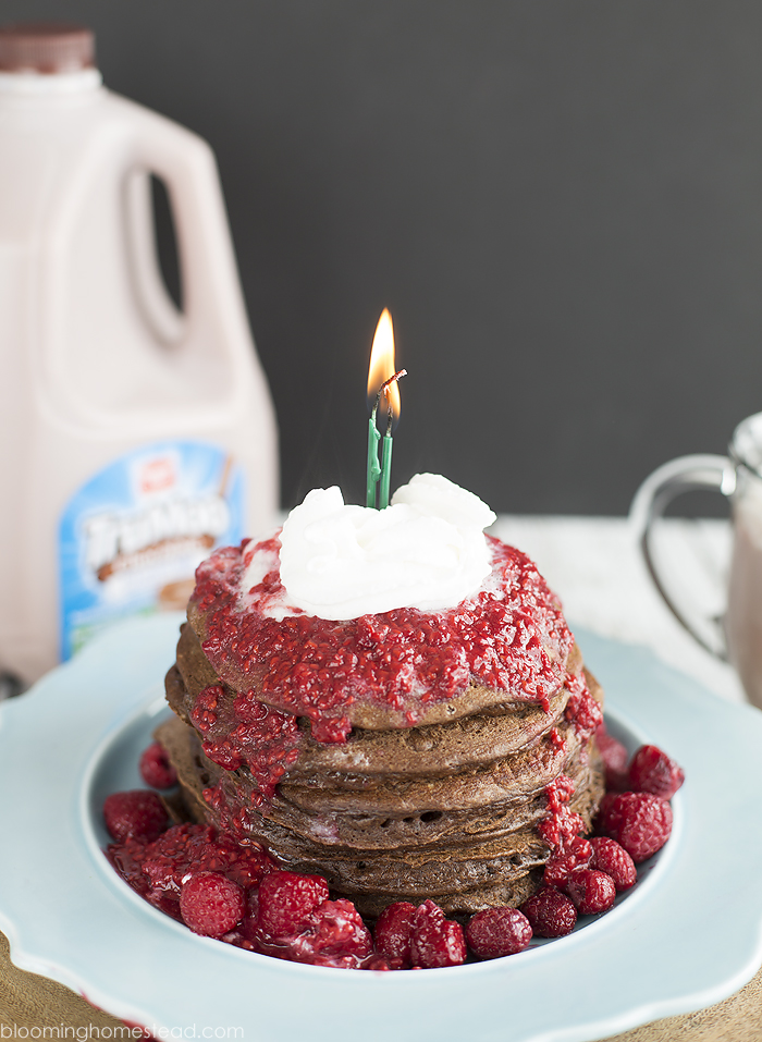 These Chocolate Raspberry Pancakes are such a fun and different variation for a decadent breakfast. Perfect for special birthdays or anniversaries.