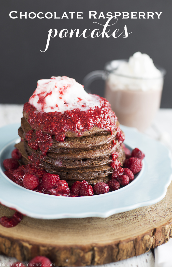 These Chocolate Raspberry Pancakes are such a fun and different variation for a decadent breakfast. Perfect for special birthdays or anniversaries.