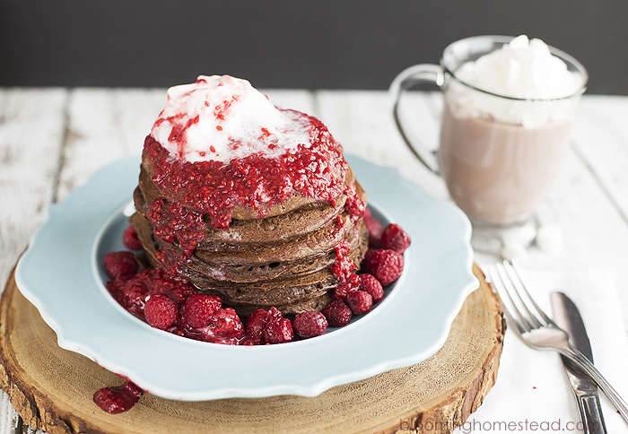 These Chocolate Raspberry Pancakes are such a fun and different variation for a decadent breakfast. Perfect for special birthdays or anniversaries.