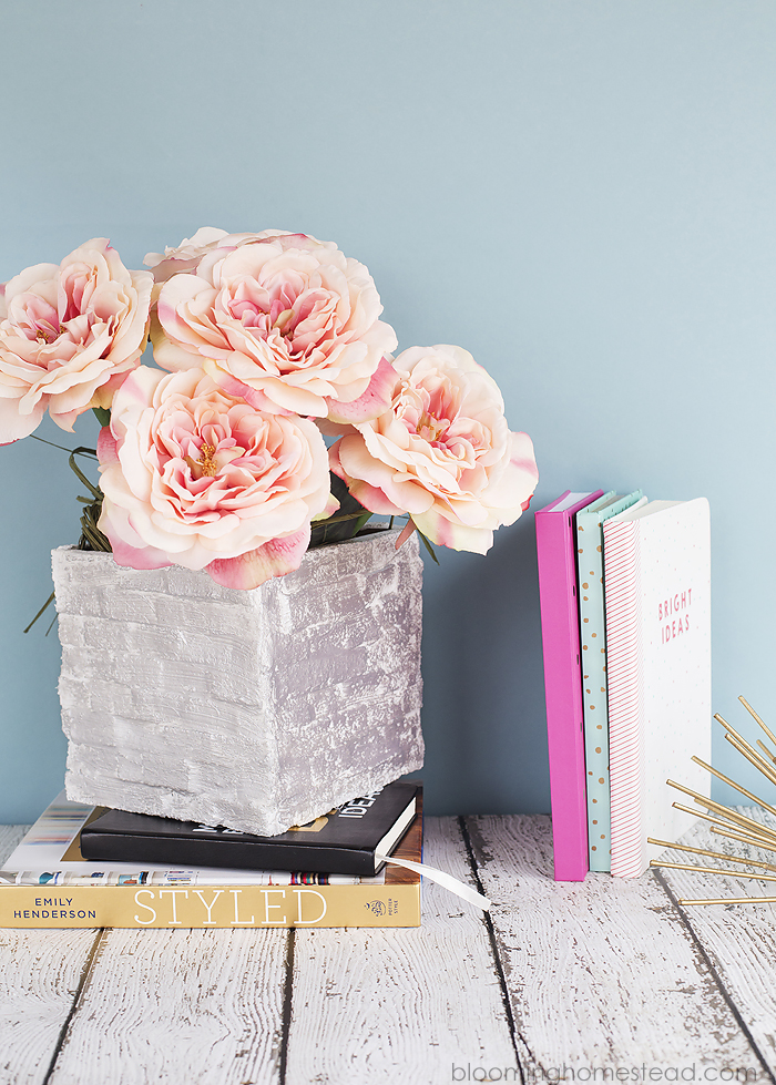 Easy DIY Modern brick vase made out of foam blocks and paper mache! Super easy and adorable craft and lovely home decor.