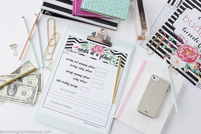 Month at a glance budget printable, part of a free budget binder printable set at Blooming Homestead