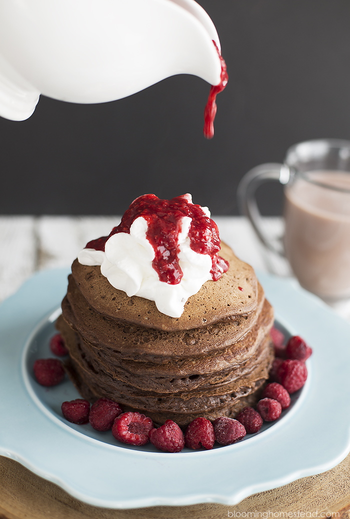 These Chocolate Raspberry Pancakes are such a fun and different variation for a decadent breakfast. Perfect for special birthdays or anniversaries.
