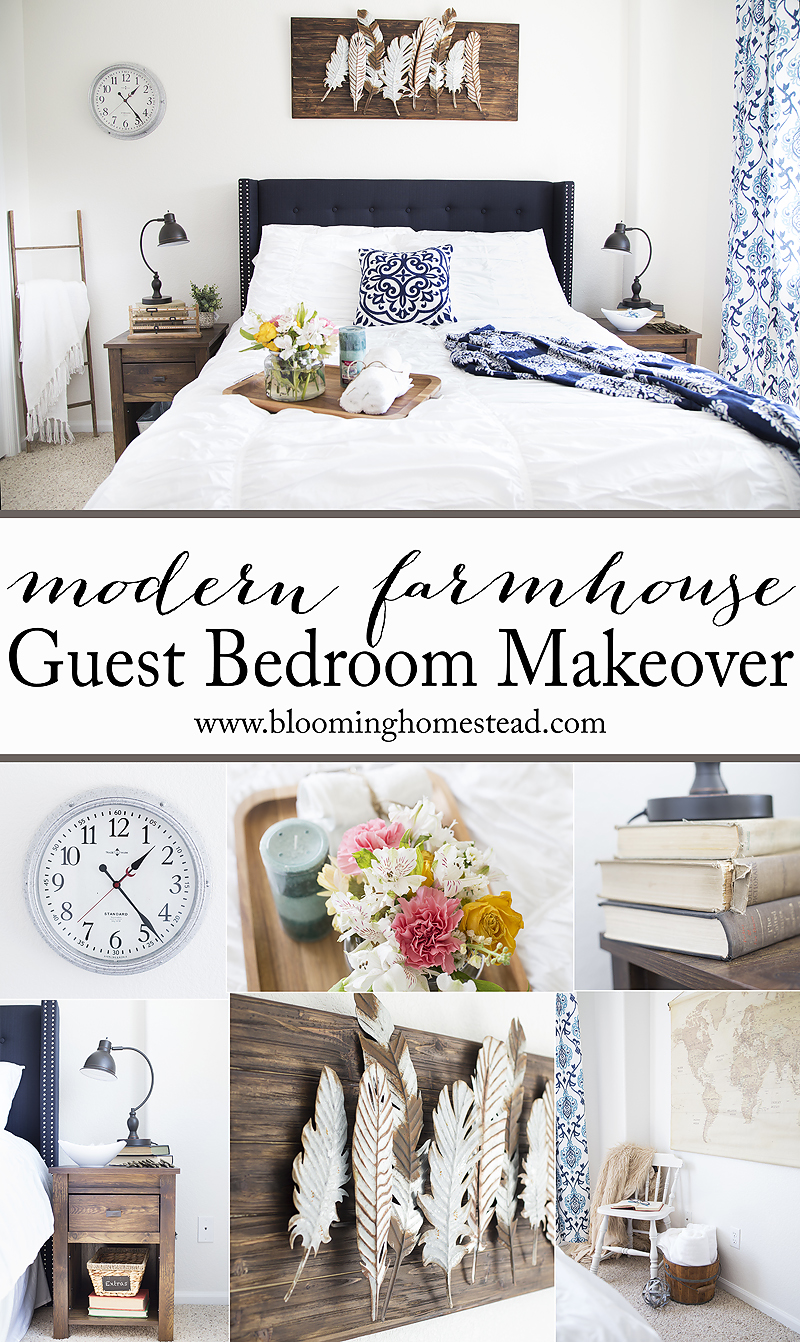 Learn how to recreate this beautiful modern farmhouse bedroom. You won't believe this guest room makeover in lovely shades of blue.