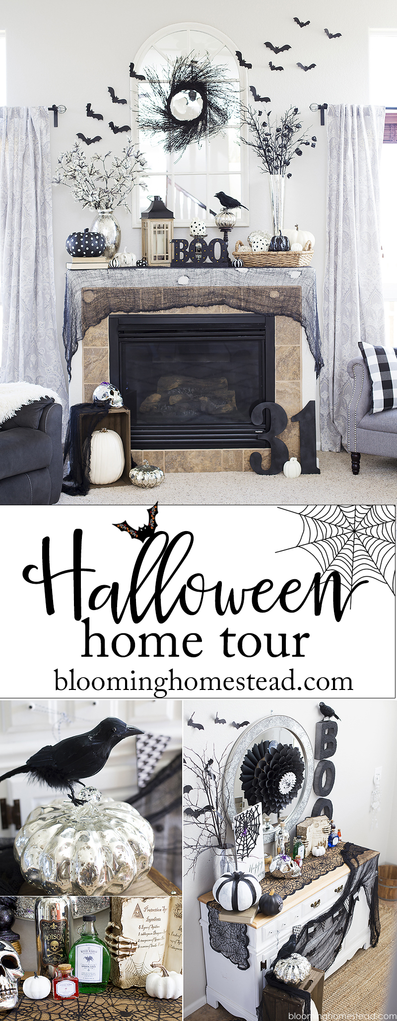 Beautiful black and white Halloween Home Tour with tons of beautiful and elegant halloween decor ideas