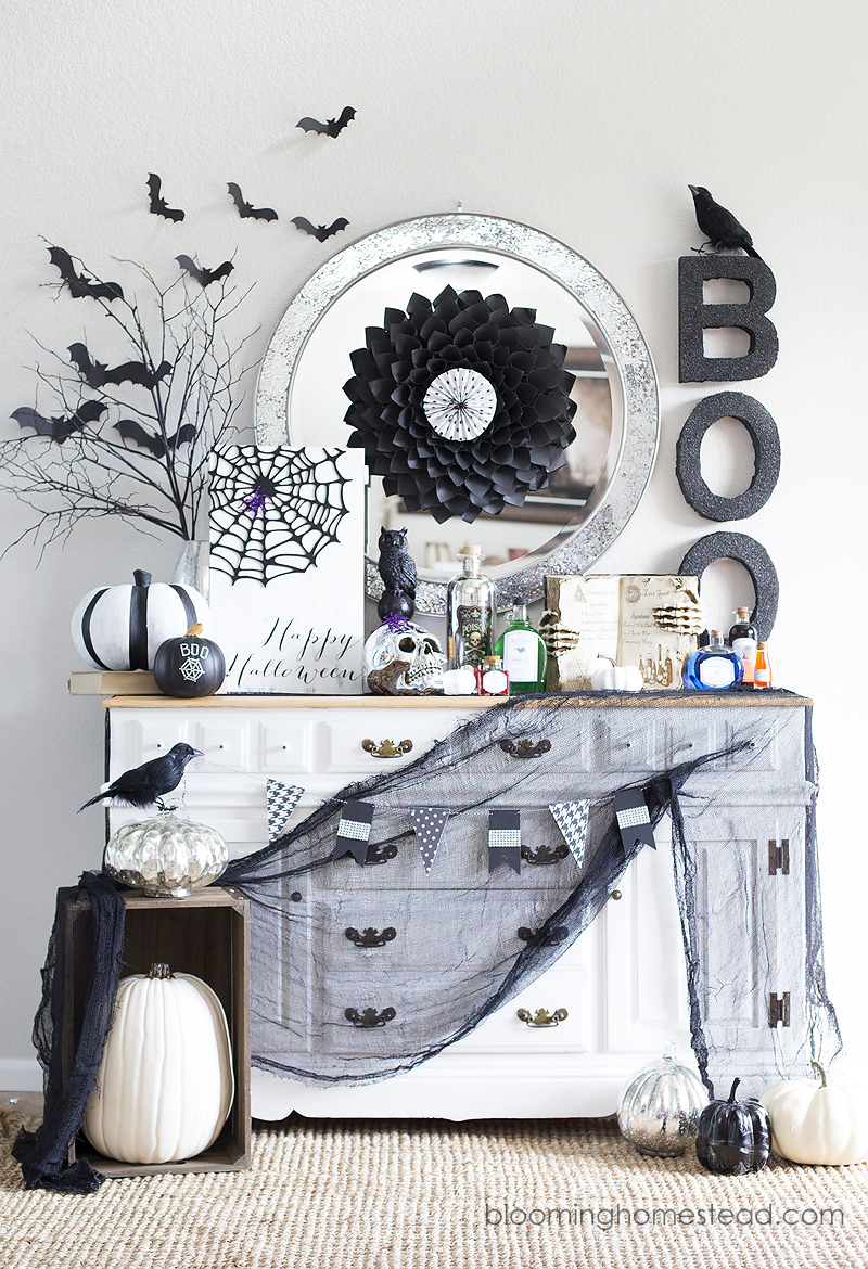 Beautiful black and white Halloween Home Tour with tons of beautiful and elegant halloween decor ideas