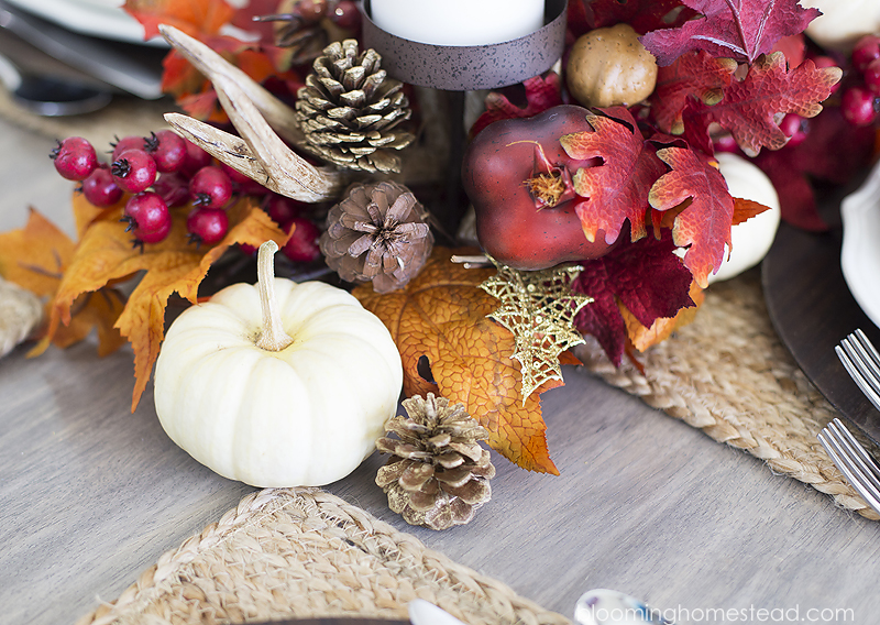 Beautiful Fall Tablescape with festive place settings and lovely fall centerpiece