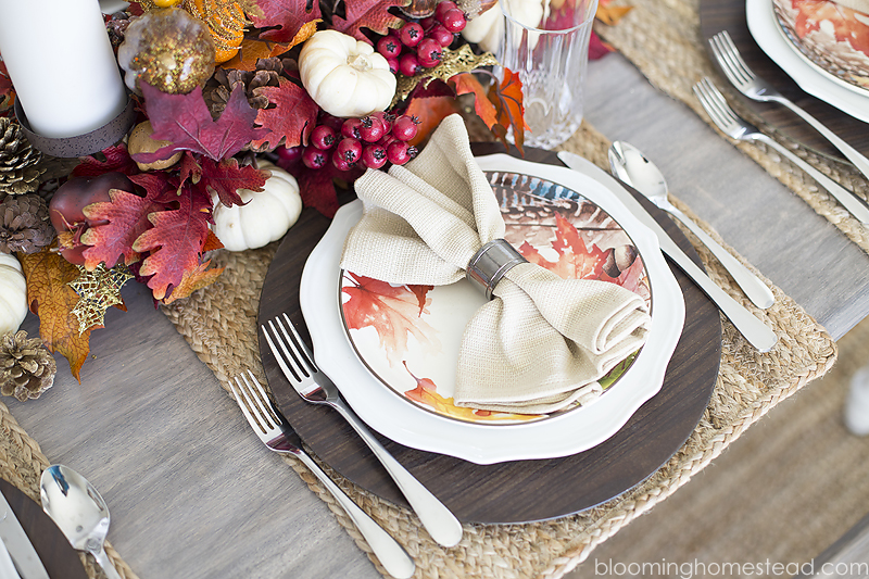 Beautiful Fall Tablescape with festive place settings and lovely fall centerpiece