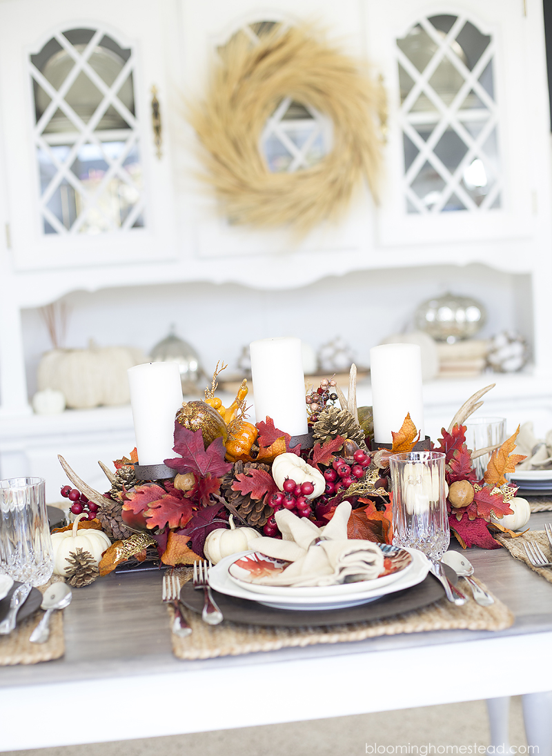 Beautiful Fall Tablescape with festive place settings and lovely fall centerpiece