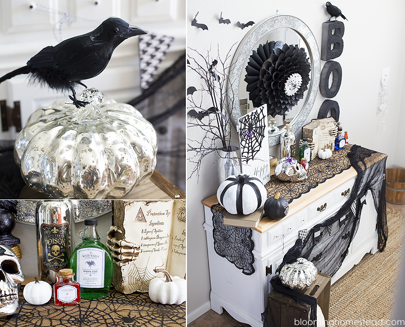 Beautiful black and white Halloween Home Tour with tons of beautiful and elegant halloween decor ideas