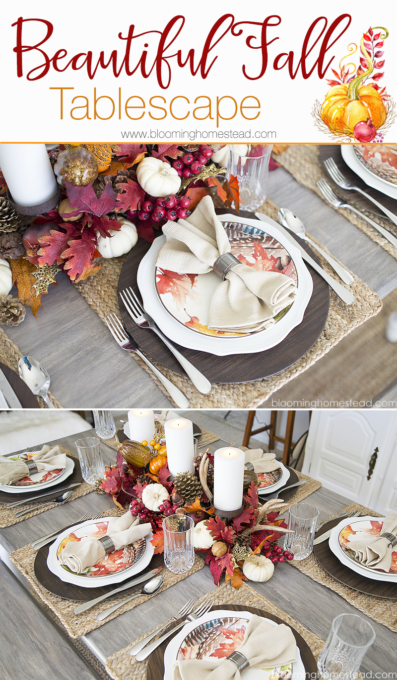 Beautiful Fall Tablescape with festive place settings and lovely fall centerpiece