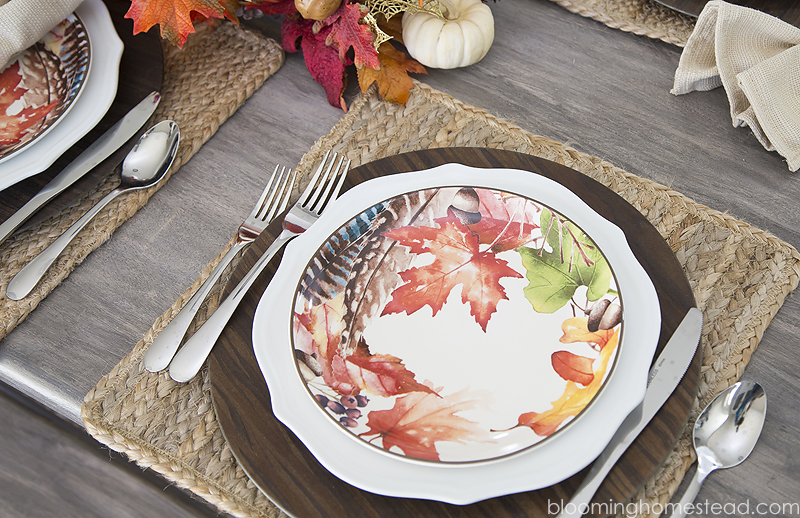 Beautiful Fall Tablescape with festive place settings and lovely fall centerpiece