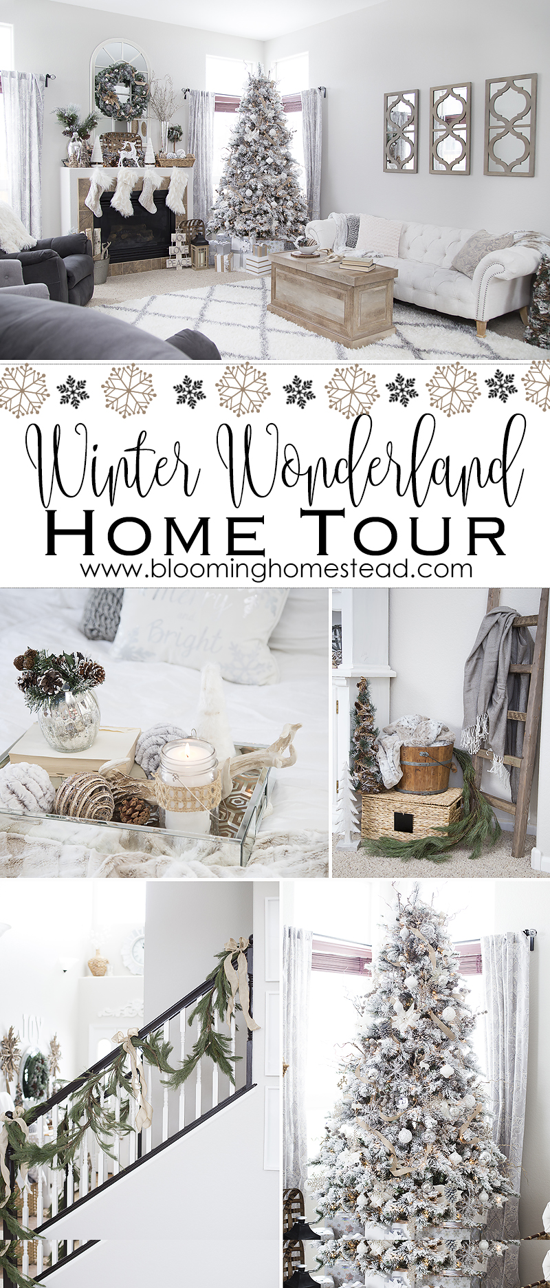 Rustic Christmas Home Tour featuring farmhouse style winter wonderland holiday Christmas Decor.