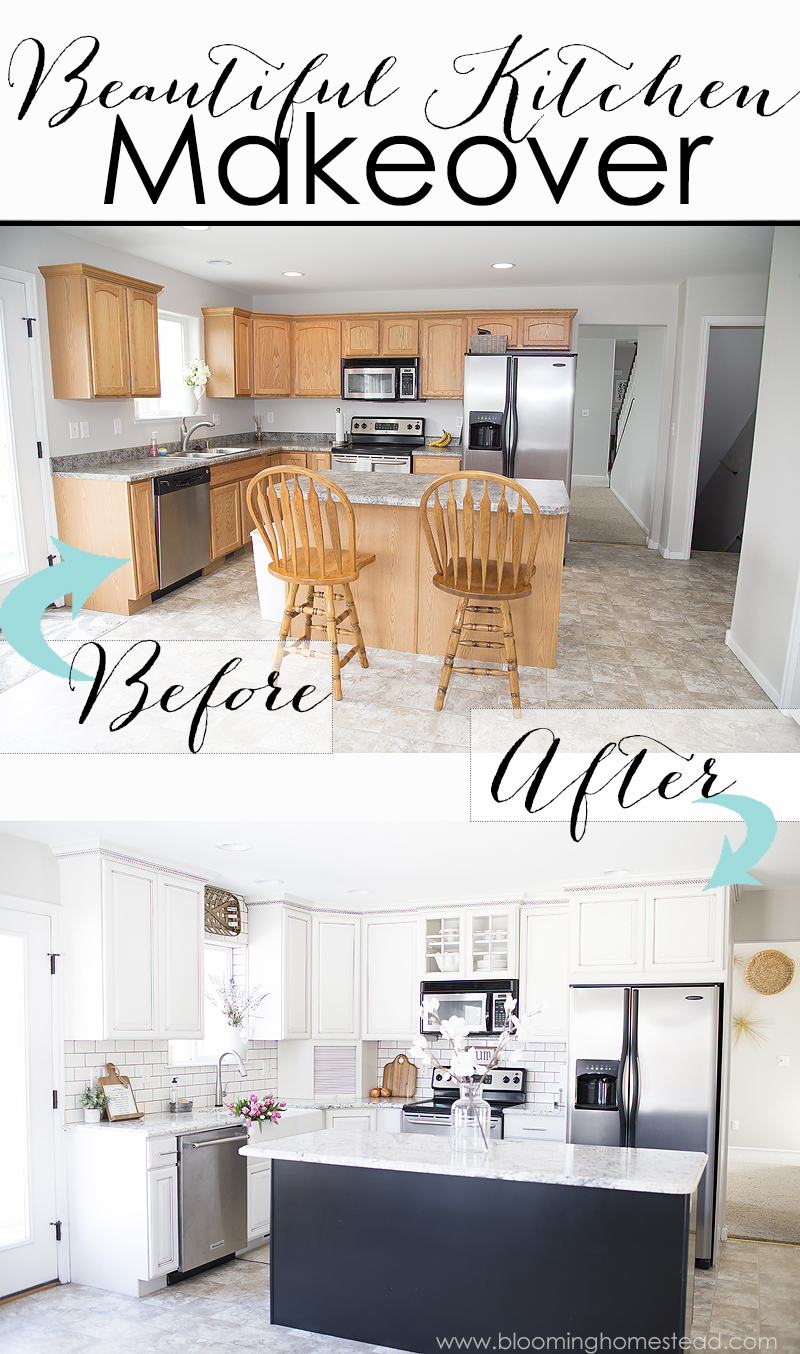 Beautiful Farmhouse Style Kitchen Makeover at Blooming Homestead. Check out the before photos!