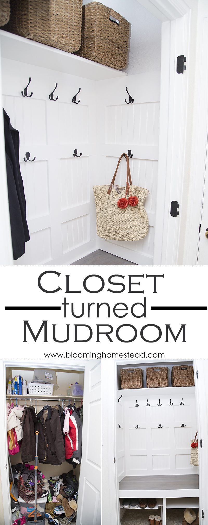 Cluttered closet turns into beautiful and functional mudroom with this fun diy project