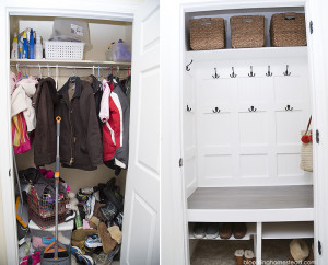 DIY Laundry closet turned into mudroom makeover | Get full details on www.bloominghomestead.com