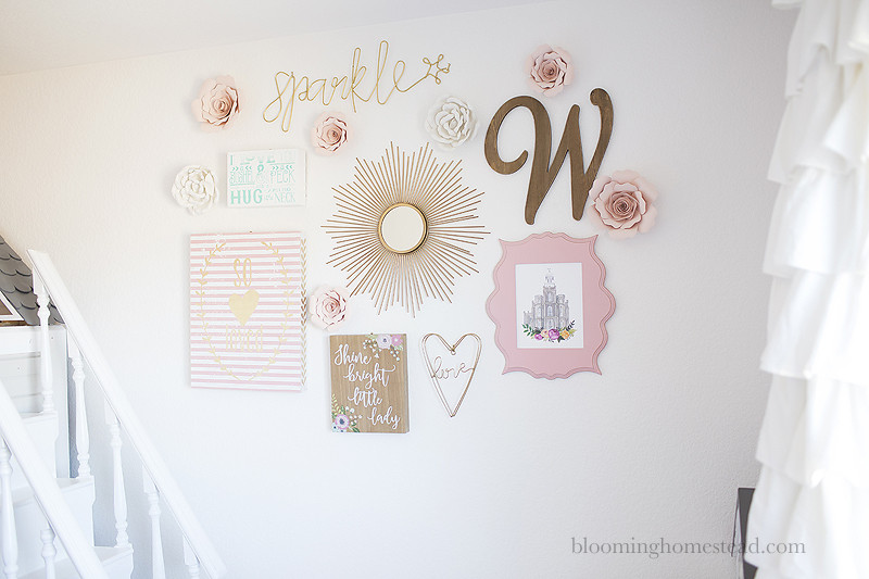 Beautiful and timeless gallery wall perfect for a girls room with beautiful home accents. Get all the details on Blooming Homestead.com