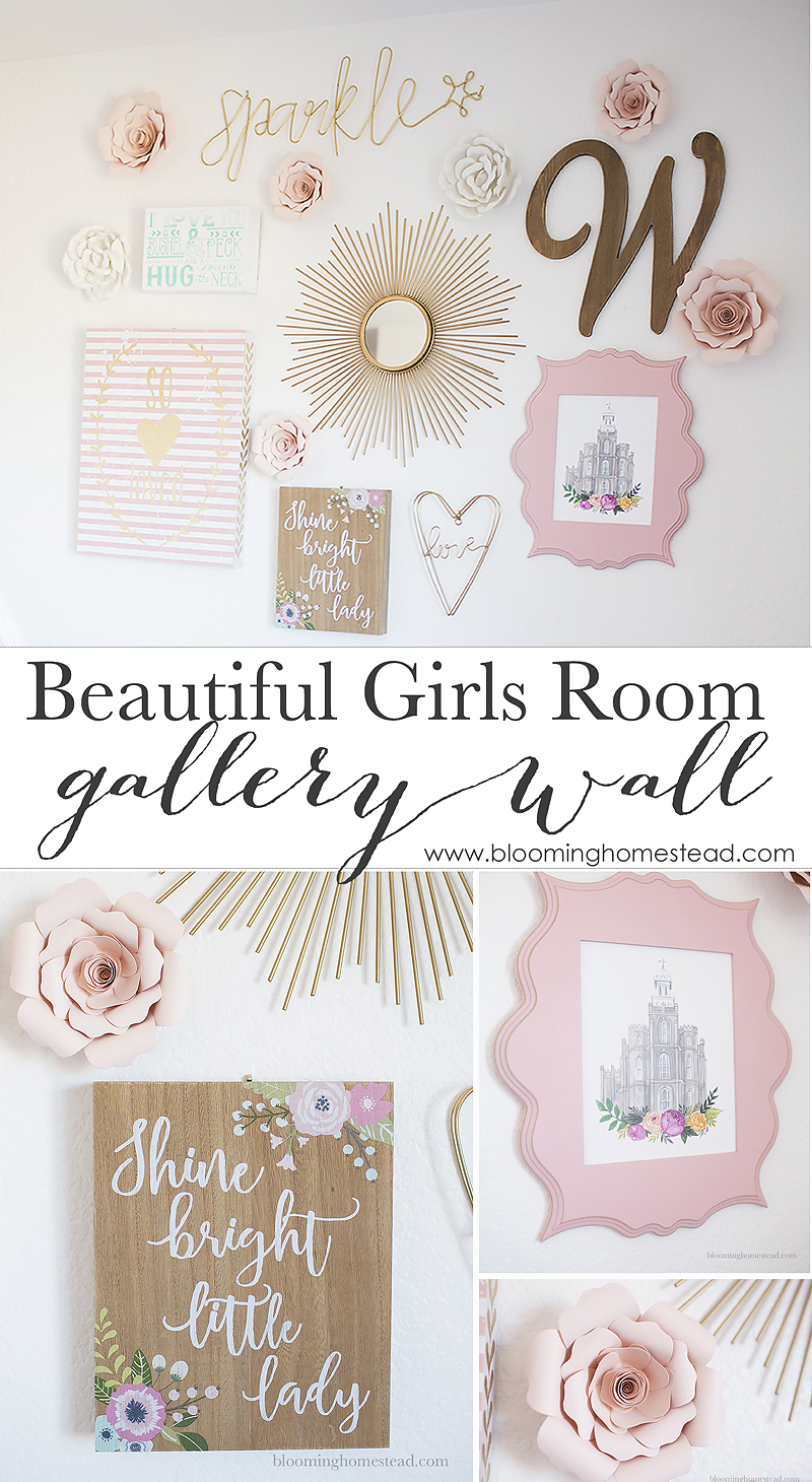 Beautiful Pink and Gold Gallery Wall with Rustic Accents, perfect for a girls room