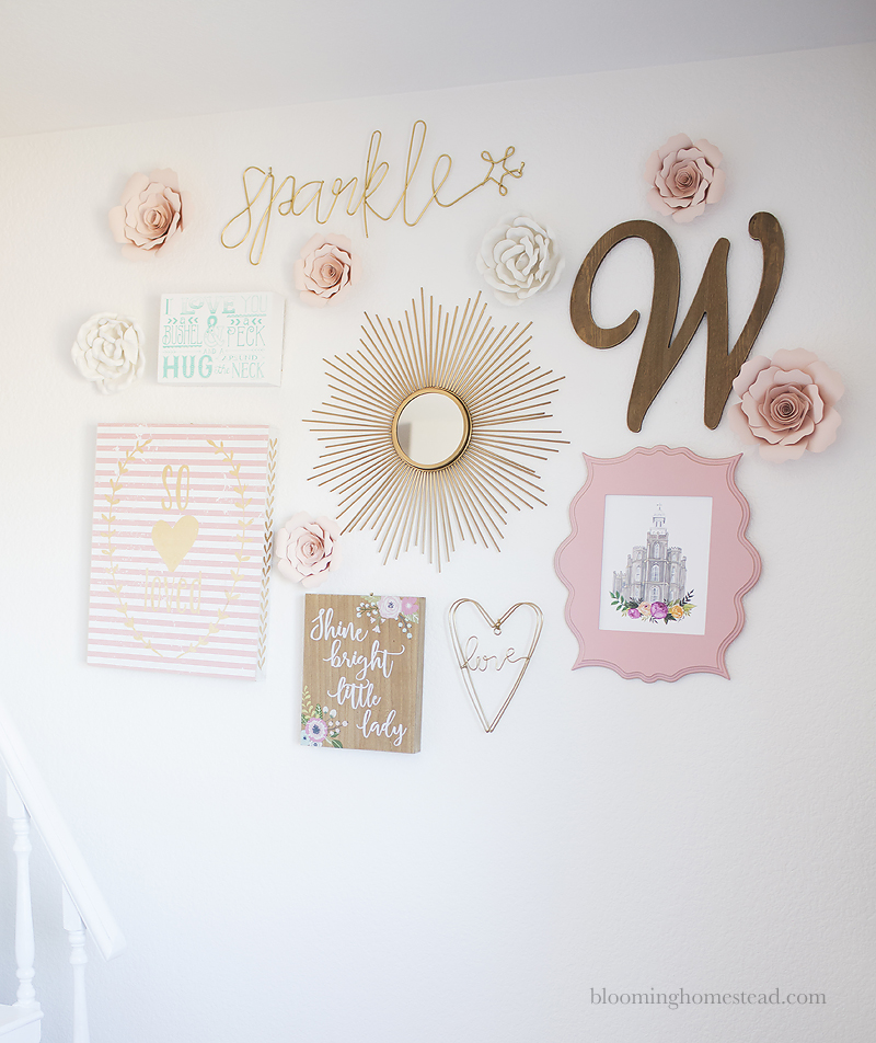 Beautiful Pink and gold Gallery wall for little girls bedroom at