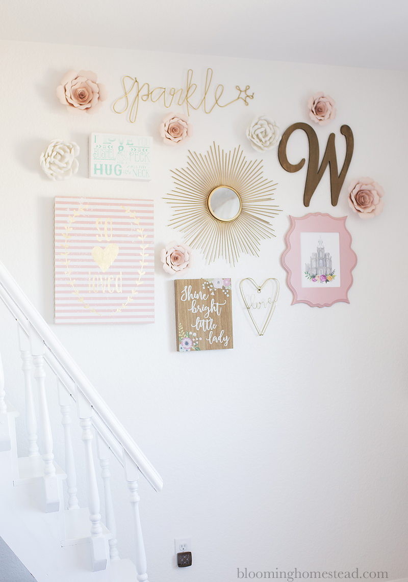 Beautiful and timeless gallery wall perfect for a girls room with beautiful home accents. Get all the details on Blooming Homestead.com